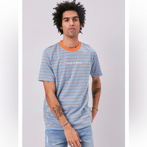 Forever 21 Men Take It Easy Embroidered Graphic Striped Crewneck Tee Orange/Blue
